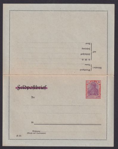 Deutsches Reich Privatganzsache Feldpost durchbalkt PK 10 1 1/4 Mark Germania