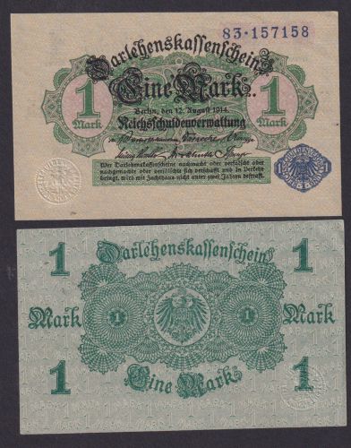 Geldschein Banknote Deutsches Reich Darlehenskassenschein 1 Mark 12.8.1914