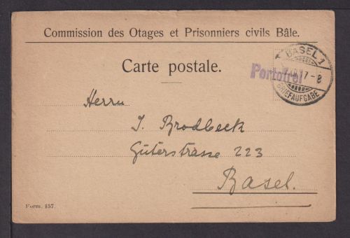 Schweiz Basel viol L1 Portofrei Commsssion des Otages et Prisonniers civils Bale