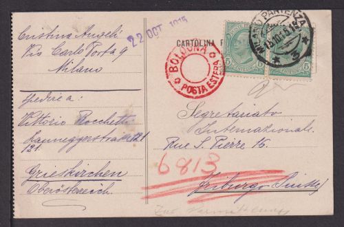 Italien Europa Postkarte Milano Mailand MEF Paar 5c via roter Bologna Schweiz