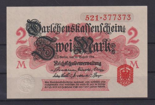 Geldschein Banknote Deutsches Reich Darlehenskassenschein 2 Mark 12.8.1914