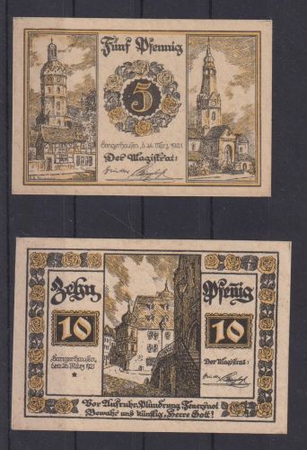 Geldschein Banknote Notgeld Sangerhausen 4 Scheine von 5-50 Pfennig gute Erhtg.