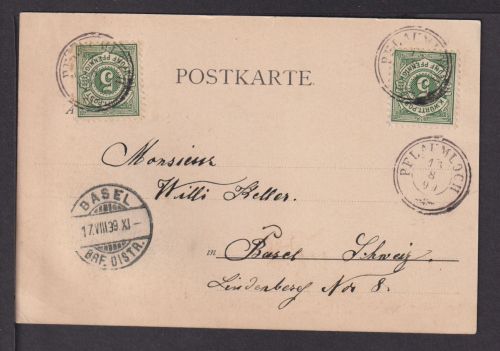 Altdeutschland Württemberg MEF 5 Pfg. K1 Pflaumloch Riesbürg n Basel Schweiz AK