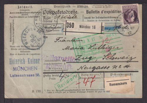 Altdeutschland Bayern Brief EF 80 Pfg. Paketkarte München Zug Schweiz Romanshorn