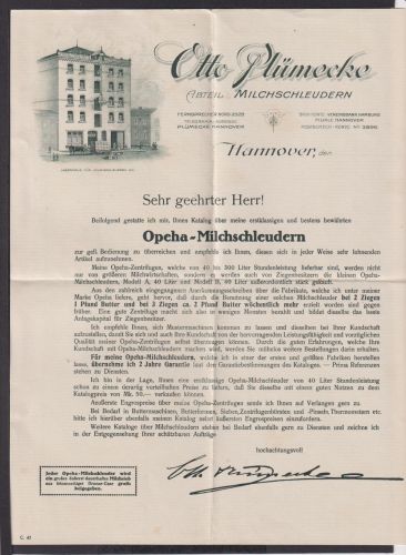 Plümecke Hannover shr schön illustirierte alte Reklame Brief Milchschleudern