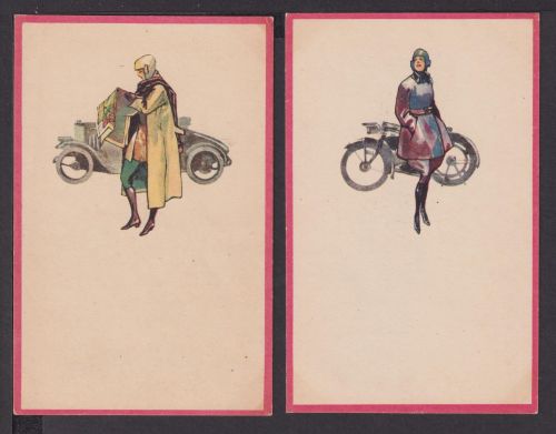 Art Deco Künstler Ansichtskarte Auto Oldtimer Zeichnungen Motorrad 2 Karten