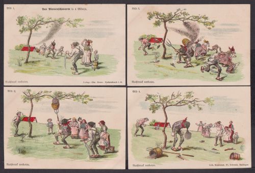 Künstler Ansichtskarte Humorvolle Zeichnungen Serie Der Bienenschwarm 4 Bildern