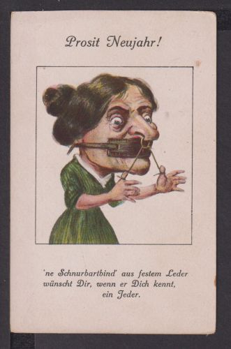 Ansichtskarte Prosit Neujahr Humor Schnurbartbinde