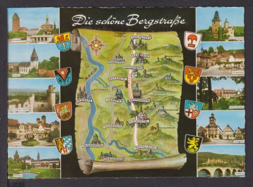 Ansichtskarte Bergstraße Hessen Baden-Württemberg Karte und Stadtbilder Wappen