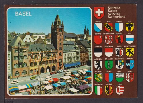 Ansichtskarte Basel Schweiz Marktplatz mit Rathaus div Schweizer Wappen