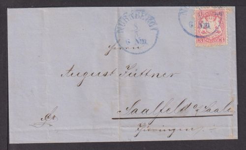 Altdeutschland Bayern EF 3 Kreuzer Wappen blauer K1 Nürnberg rs. R3 Saalfeld