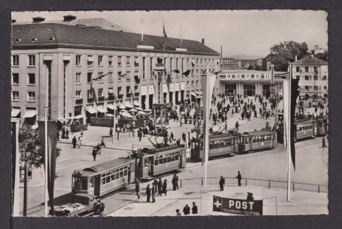 Ansichtskarte Schweiz Basel Mustermesse Post Strassenbahn