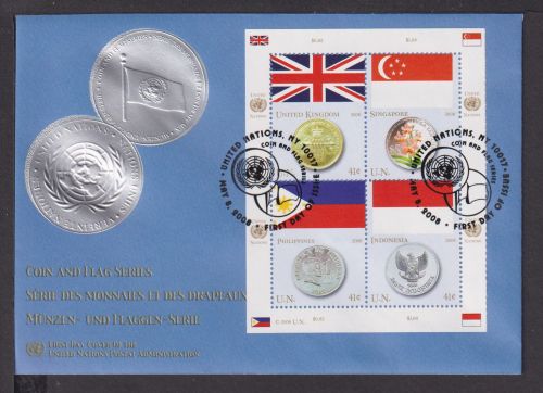 Briefmarken UNO Vereinte Nationen Brief Block Münzen Singapur Indonesien 2008