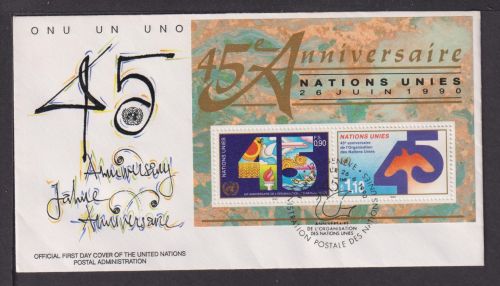 Briefmarken UNO Vereinte Nationen Brief Block 1990 45 Jahre UNO