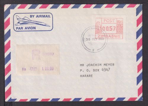 Flugpost airmail Simbabwe Afrika R Brief ATM Automatenmarken Gweru nach Harare