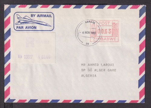 Flugpost airmail Simbabwe Afrika R Brief ATM Automatenmarken Harare Alger Gare