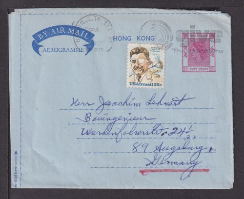 Hongkong Asien Flugpost airmail Aerogramm Ganzsache Queen Elisabeth USA nach -