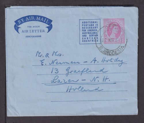 Flugpost airmail Rhodesien Nyasaland Afrika Ganzsache Aerogramm Laren Niederland