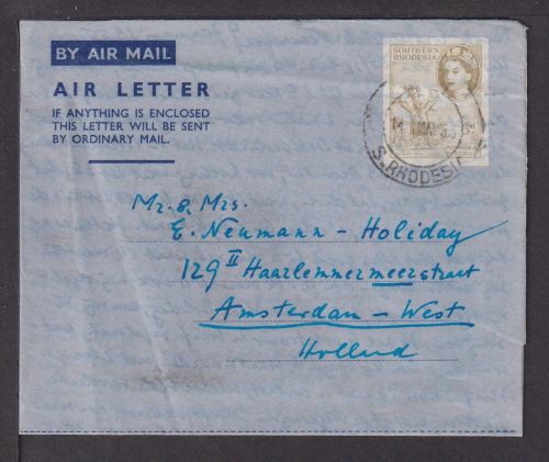 Flugpost airmail Rhodesien Afrika Ganzsache Aerogramm Amsterdam Niederland