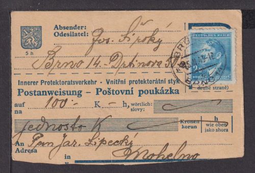 Besetzung Böhmen & Mähren frankierte Postanweisung 2K Hitler Aufbrauch Ganzsache