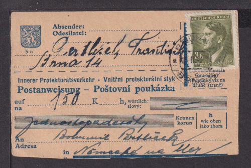 Besetzung Böhmen & Mähren frankierte Postanweisung 3K Hitler Aufbrauch Ganzsache