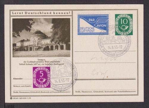 Flugpost Bund Posthorn Ganzsache + gleiche ZuF + Flugpost Zulassungsmarke SST