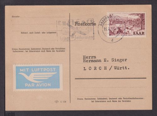 Flugpost airmail Saarland mit SST Luftpost bringt Zeitgewinn Saarbrücken Lorch