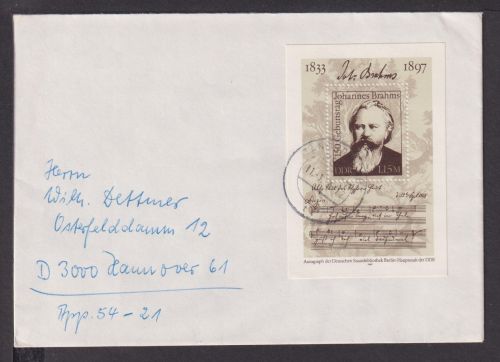 Briefmarken Deutschland DDR Brief Block 1983 Johannes Brahms 150.Geburtstag