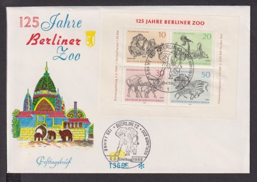 Briefmarken Berlin Deutschland Brief Block 1969 125 Jahre Berliner Zoo