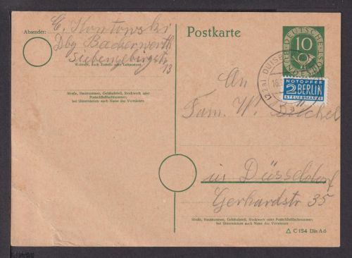 Bund Posthorn Ganzsache P Duisburg Beeck nach Düsseldorf 16.12.1952