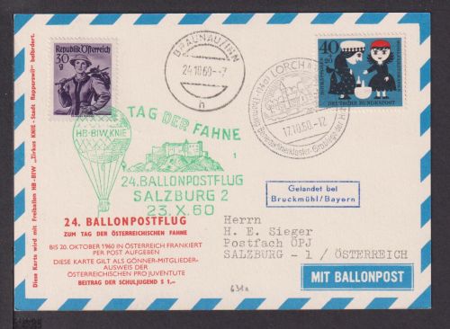 Flugpost Airmail Ballonpost Österreich Europa 1960 SST Ballonpostflug Salzburg