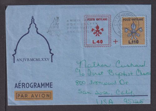 Flugpost Airmail Vatikan 1975 Ganzsache Aerogramme San Jose USA