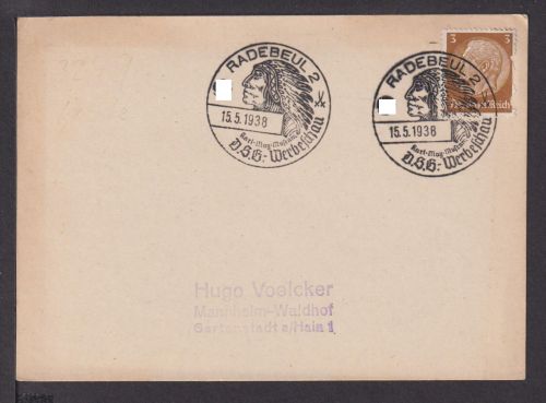 Indianer Deutsches Reich Brief selt. SST Radebeul 2 DSG Werbeschau 1938 Mannheim
