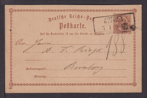 Deutsches Reich Brustschild Ganzsache P1 K1 Cöthen Bahnhof nach Bernburg