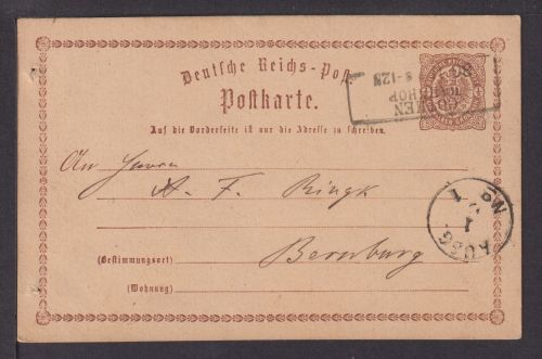 Deutsches Reich Brustschild Ganzsache P1 K1 Cöthen Bahnhof nach Bernburg
