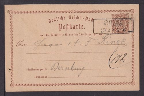 Deutsches Reich Brustschild Ganzsache P1 K1 Cöthen Bahnhof nach Bernburg