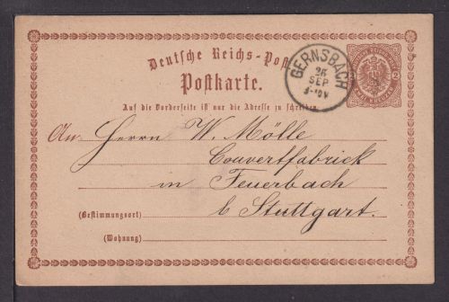 Deutsches Reich Brustschild Ganzsache P1 K1 Gernsbach nach Feuerbach Stuttgart