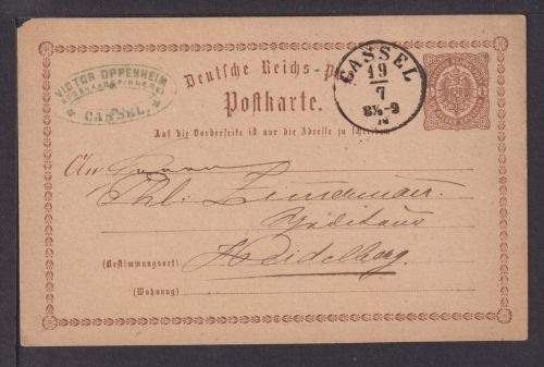 Deutsches Reich Brustschild Ganzsache P 1 K1 Kassel nach Heidelberg Ausgabe 1873