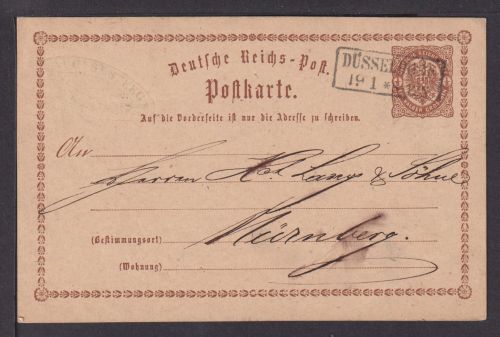 Deutsches Reich Brustschild Ganzsache P 1 R2 Düsseldorf n. Nürnberg Ausgabe 1873