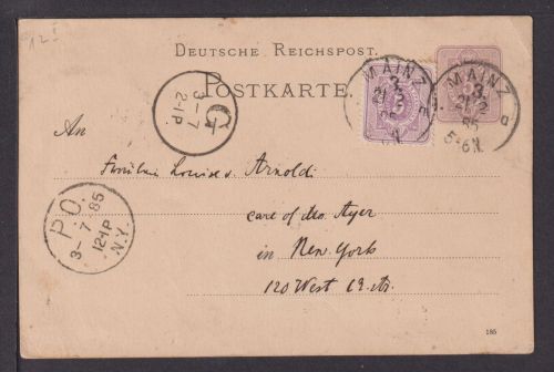 Deutsches Reich Ziffer Ganzsache 5 Pfge. ZuF Destination K2 Mainz New York USA