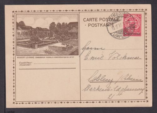 Mondorf Les Baines Luxemburg Aufdruck Ganzsache 1931 Koblenz NRW