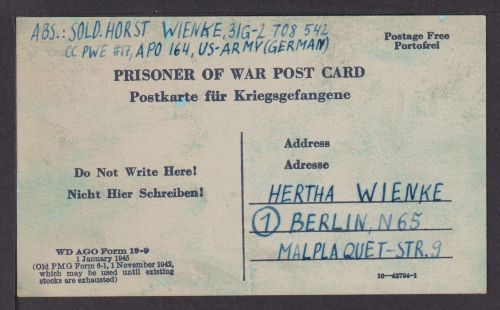 Kriegsgefangenenpost US Army 1946 Berlin