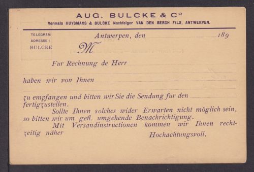 Belgien Privatganzsache bzw. Zudruck Aug. Bulcke & Co. Antwerpen
