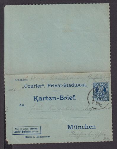Stadtpost Privatpost München Ganzsache Kartenbrief Bayern 1898 Courier Stadtpost