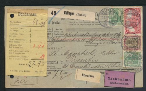 Deutsches Reich Nachnahme Paketkarte Villingen Baden-Württemberg via Konstanz