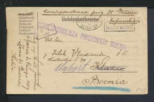 Kriegsgefangenenpost Italien 1919 Stempel Censura Militare Kladno Böhmen
