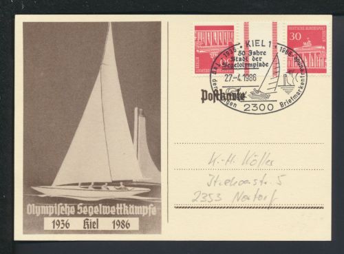 Berlin Karte selt SST 50 J. Segelolympiade 1986 Kiel Schleswig-Holstein Nortorf