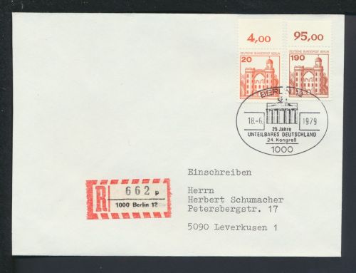 Berlin R-Brief Burgen & Schlösser Bogen Oberrand selt SST Brandenburger Tor
