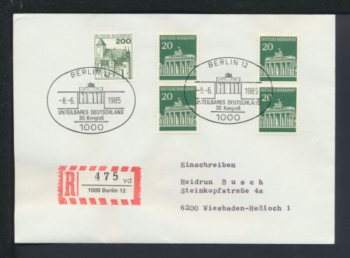Bund R-Brief SST Brandenburger Tor Unteilbares Deutschland Berlin 1985 Wiesbaden