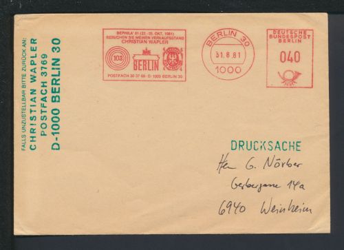 Berlin Brief SST BBEPHILA Berlin 1981 AFS Freistempel Fa Christian Wapler Berlin